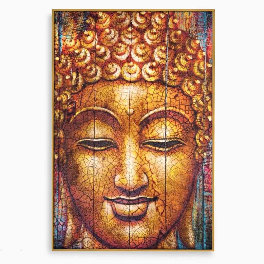 Tablou canvas cu tablou canvas cu chipul lui buddha, in rama de aluminiu auriu